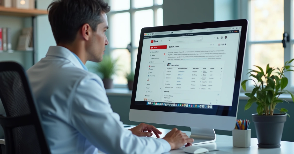 Médico acessando painel de privacidade em computador. 