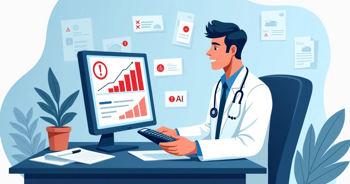Ilustração corporativa de médico autônomo analisando gráficos financeiros em computador com símbolos de alerta de erros financeiros ao redor 