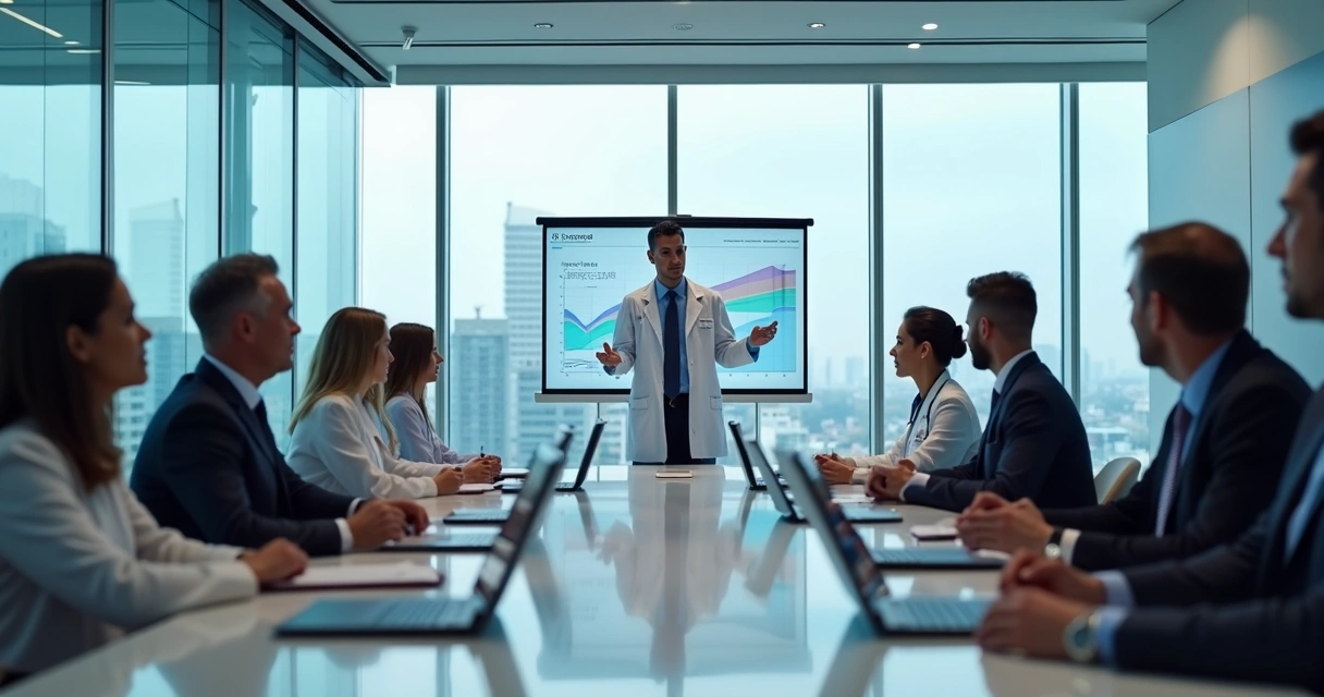 Médico gestor apresenta dados em reunião hospitalar