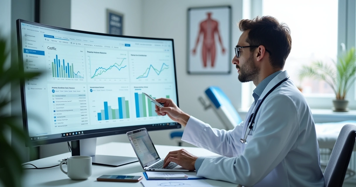 Médico analisando gráficos do Google Analytics em consultório moderno 