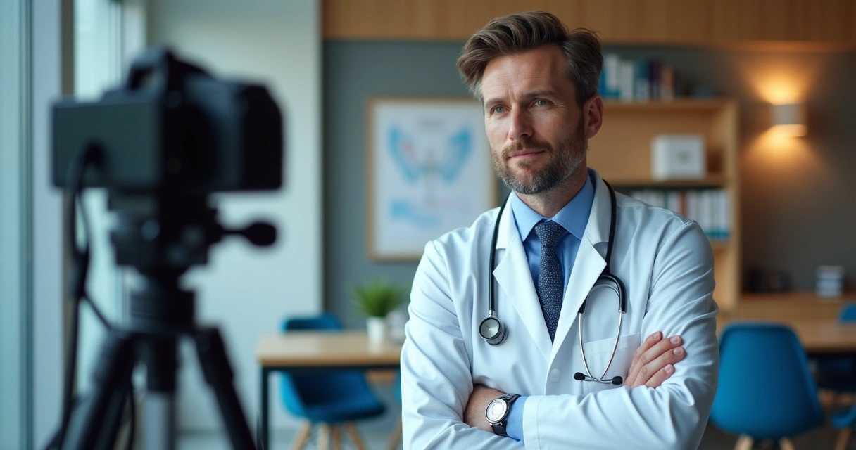Médico gravando vídeo educativo em consultório moderno 