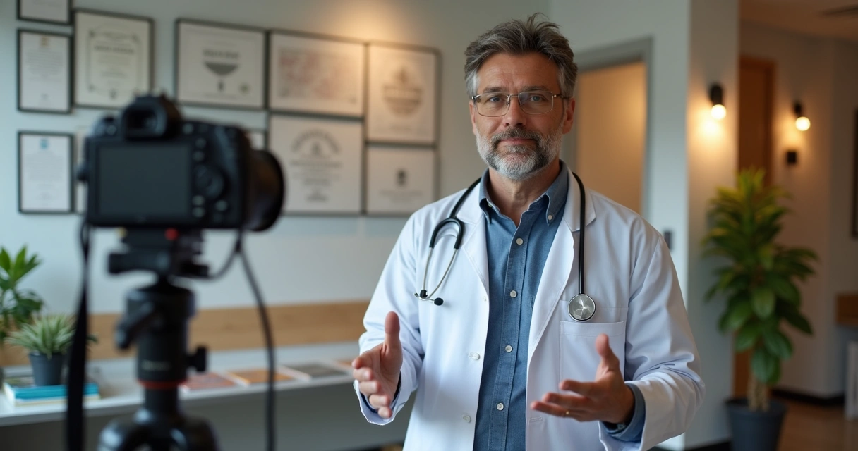 Profissional de saúde gravando vídeo no consultório 
