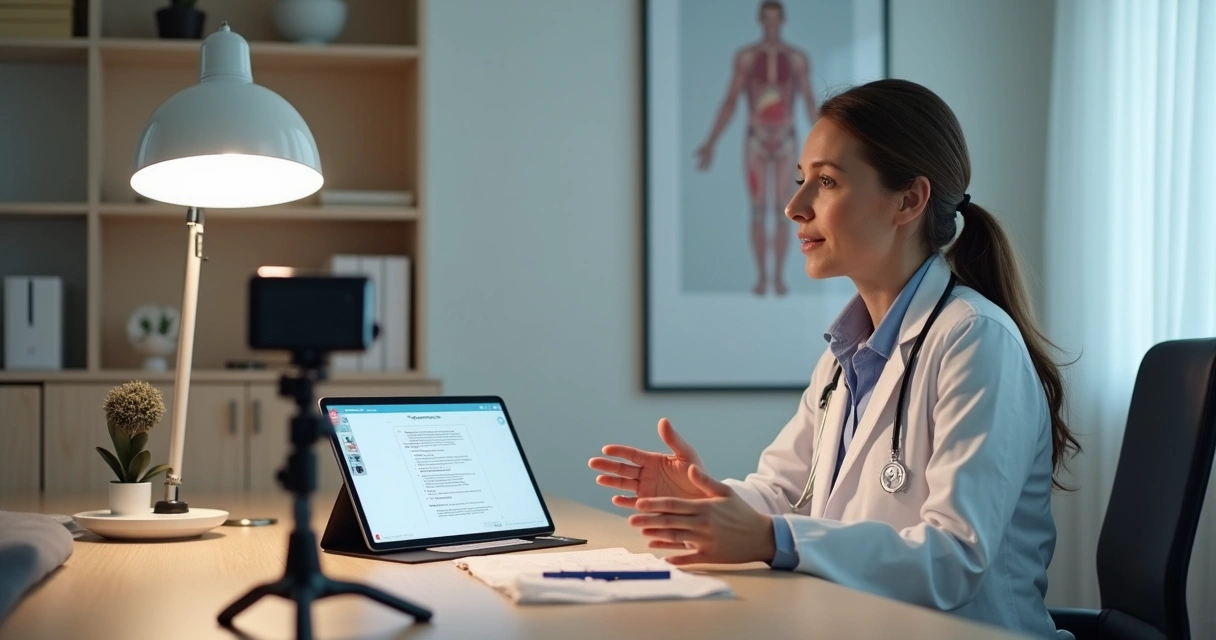 Médico grava vídeo com roteiro em tablet dentro do consultório moderno 