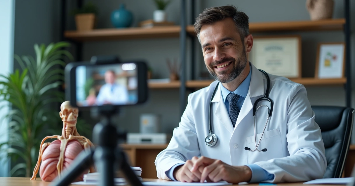 Médico gravando vídeo para redes sociais em consultório 