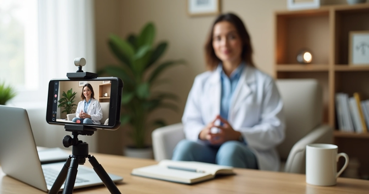 Médico gravando vídeo confiante diante de smartphone em tripé 