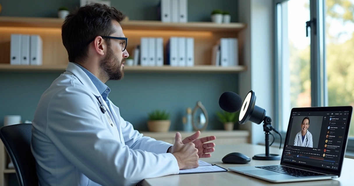Médico em consultório moderno gravando vídeo para canal no YouTube com câmera e iluminação profissional 
