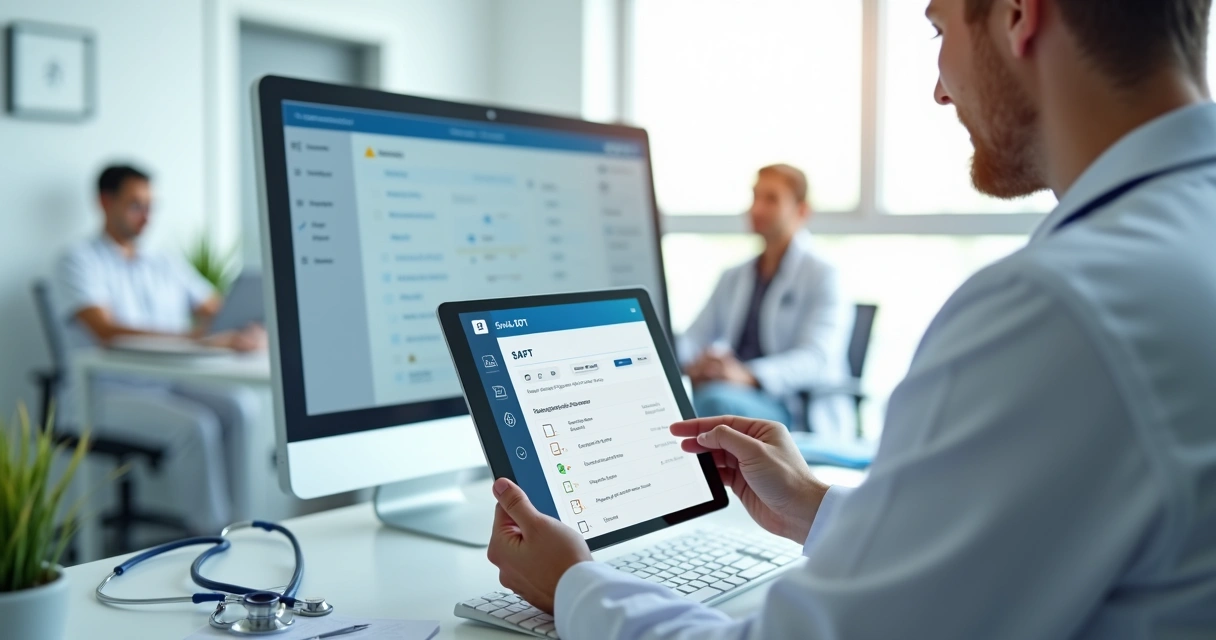 Médico conferindo checklist digital de guia SADT em tablet em consultório moderno 