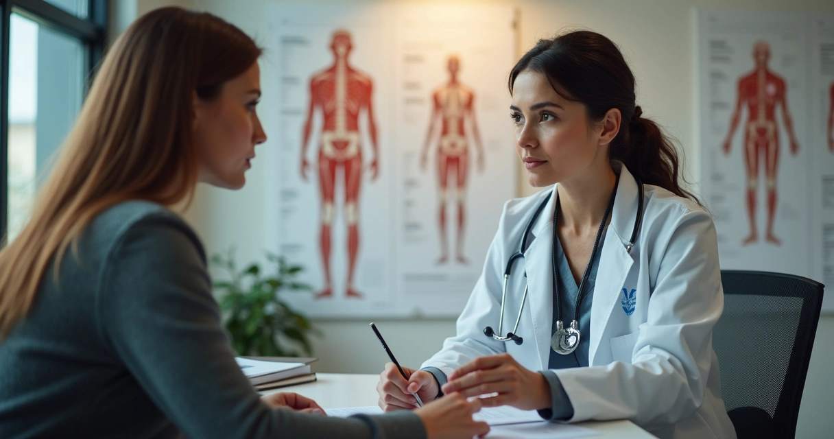 Médica oncologista atendendo paciente em consultório moderno 