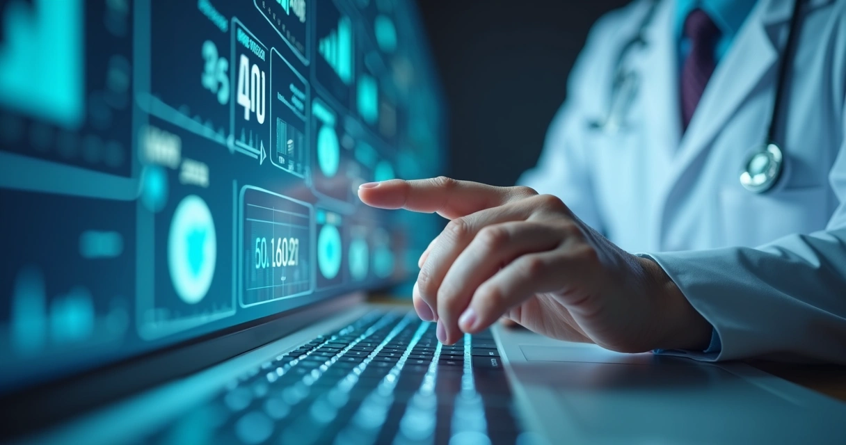Tela de agenda médica digital com gráficos e elementos de inteligência artificial