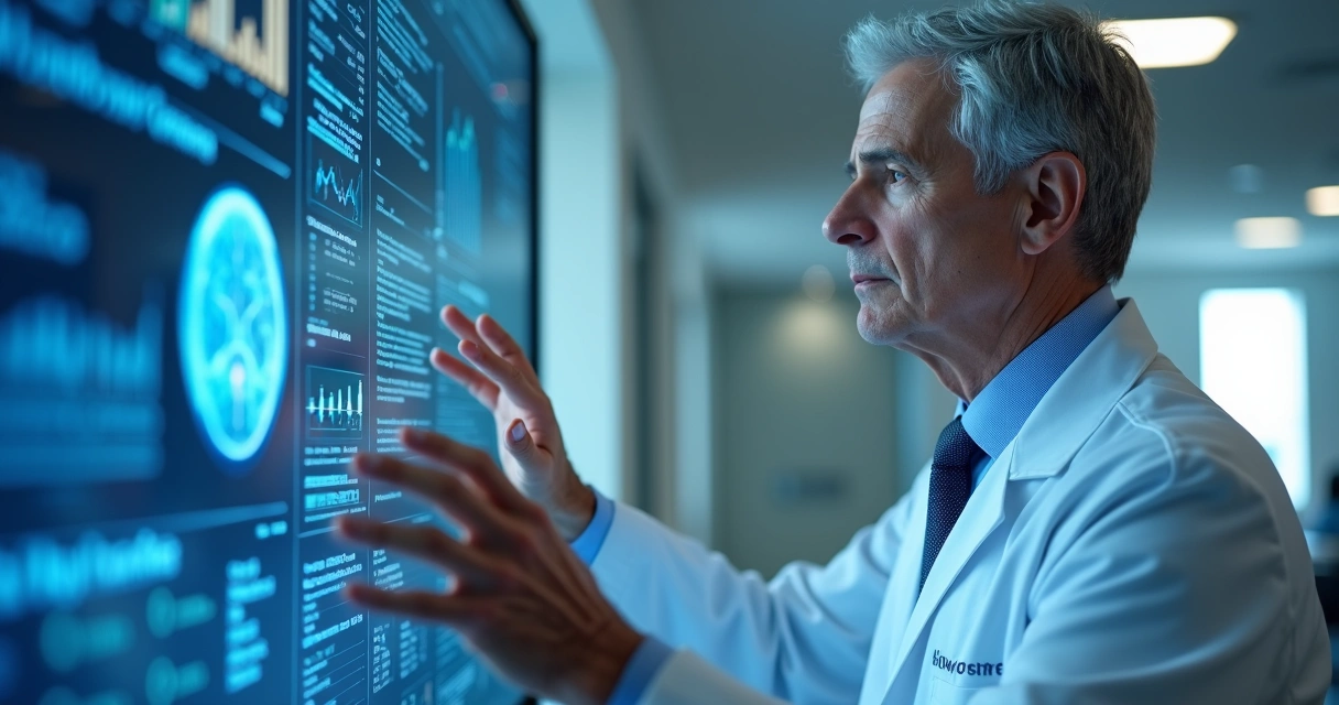 Médico analisando dados em tela com inteligência artificial na clínica 