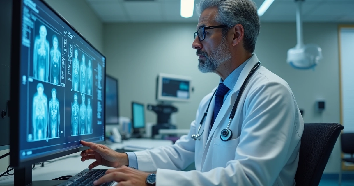 Médico ao lado de monitor mostrando análise de IA em consultório 