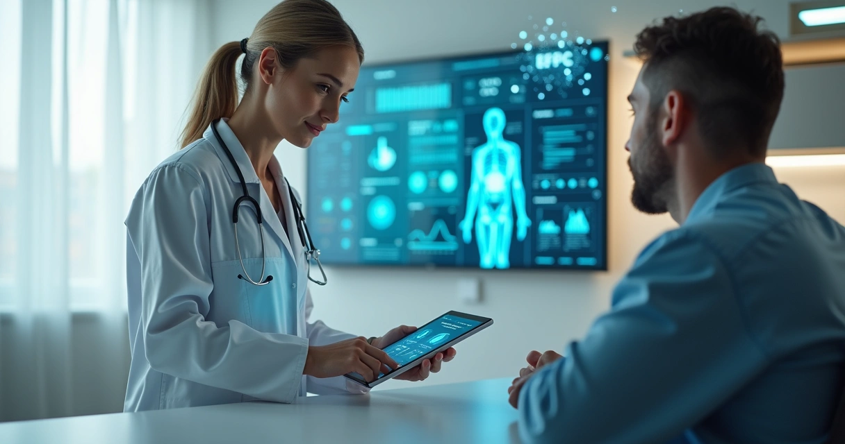 Médico usando tablet com interface de inteligência artificial em consultório moderno 