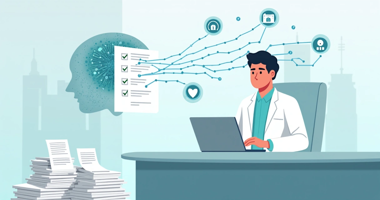 Médico em consultório digital revisando dados protegidos por inteligência artificial 