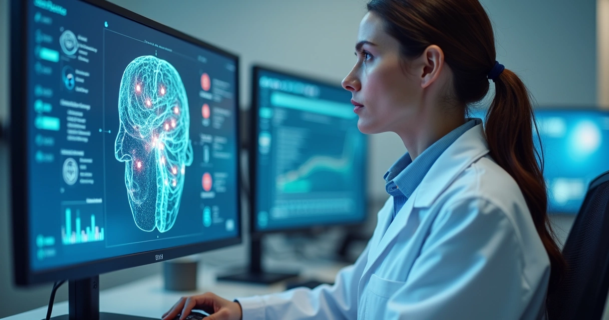 Médico olhando para tela de computador exibindo dados de inteligência artificial 