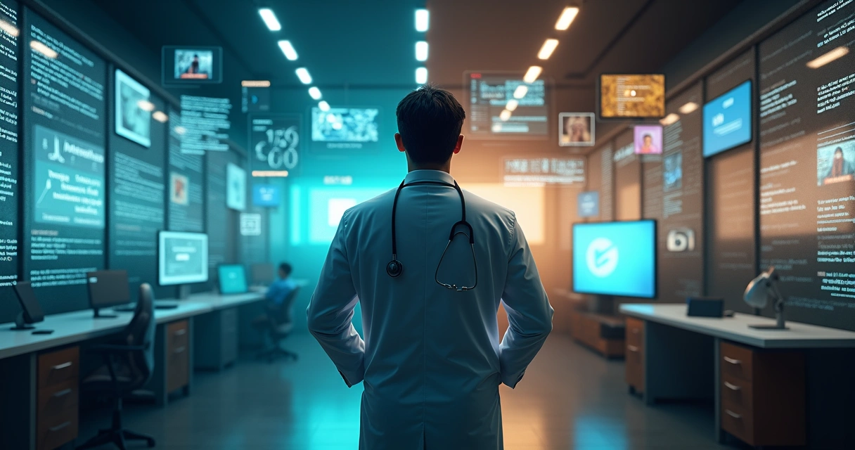 Médico entre telas com conteúdo genérico e estratégico de marketing digital 