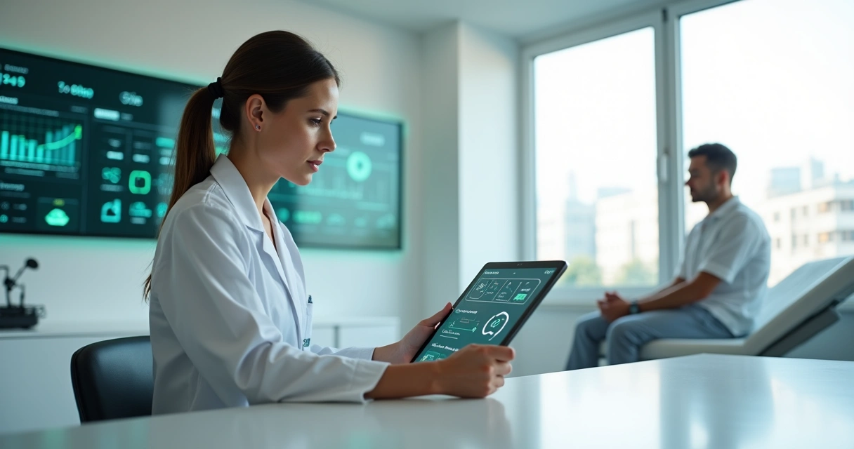 Médica em consultório usando tablet com painel de inteligência artificial na tela 