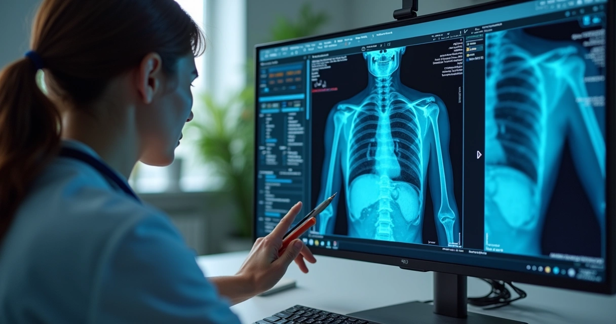 Médico analisando informações de IA em tela 