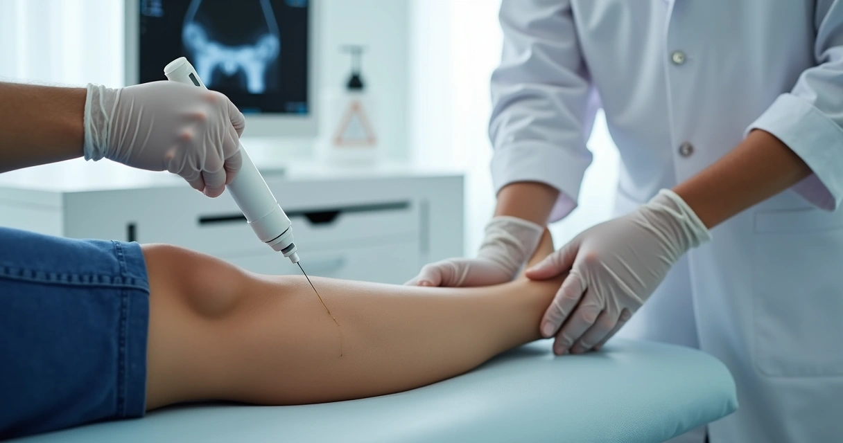 Médico realizando infiltração peritendínea guiada por ultrassom no joelho de paciente 