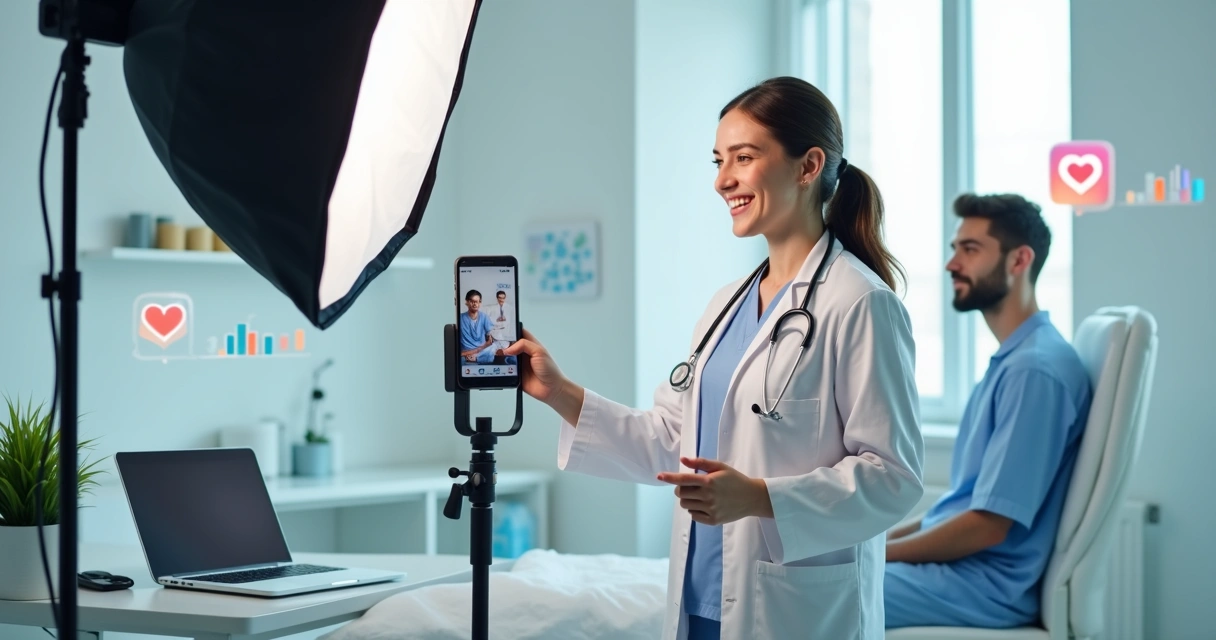 Médica grava stories de Instagram com paciente em consultório moderno 