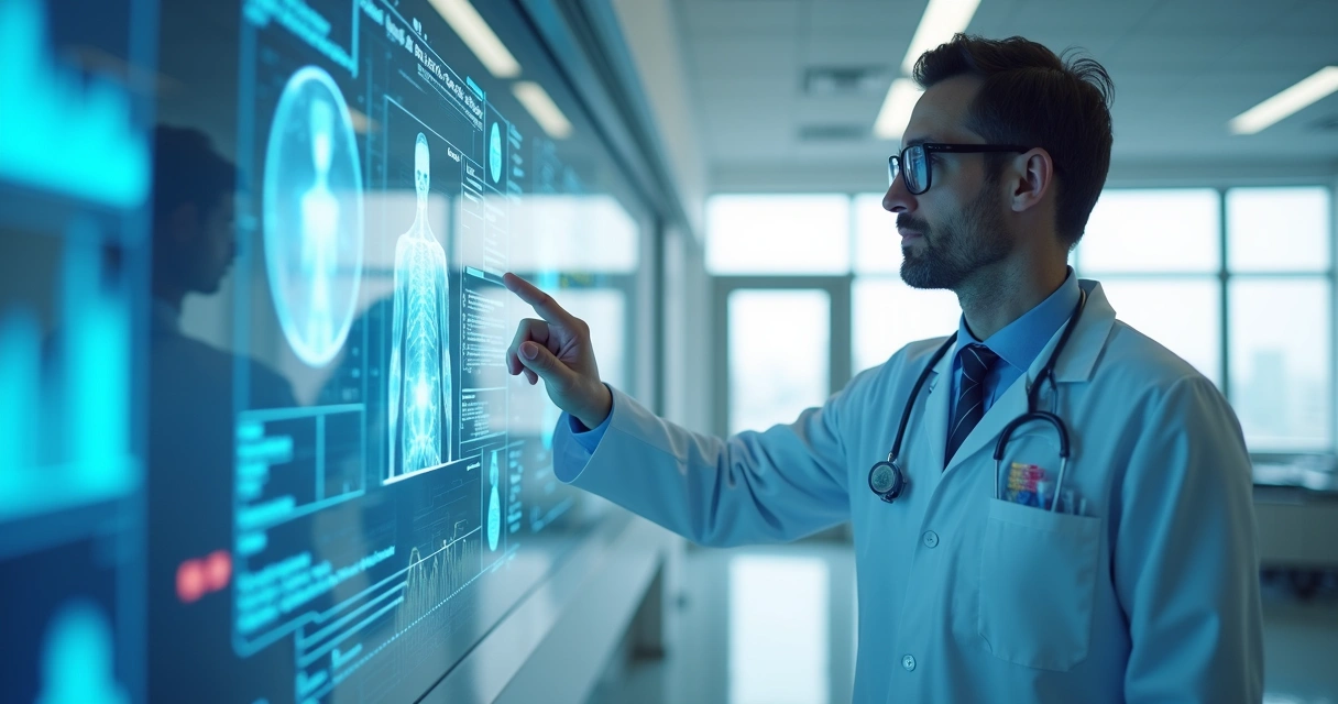 Médico usando tecnologia de IA para analisar dados de paciente 