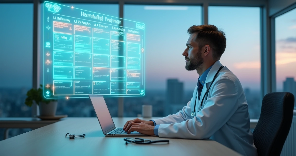 Médico observa agenda digital com IA projetada em holograma colorido 