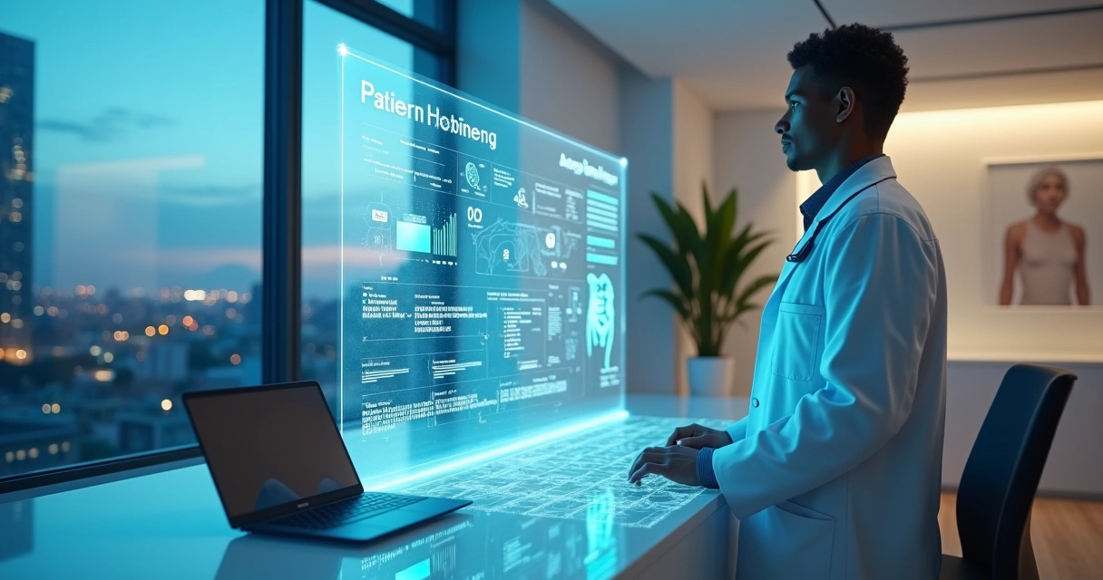 Médico em consultório moderno interagindo com interface de inteligência artificial holográfica 