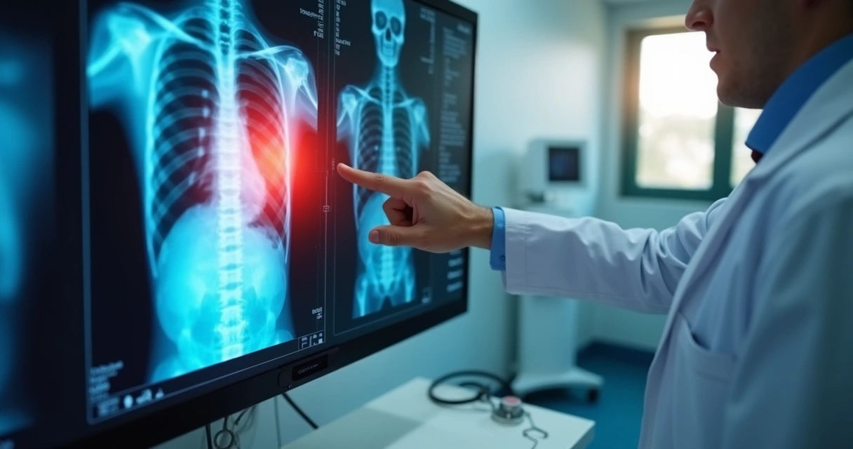 Médico analisando radiografia com IA destacando áreas suspeitas.