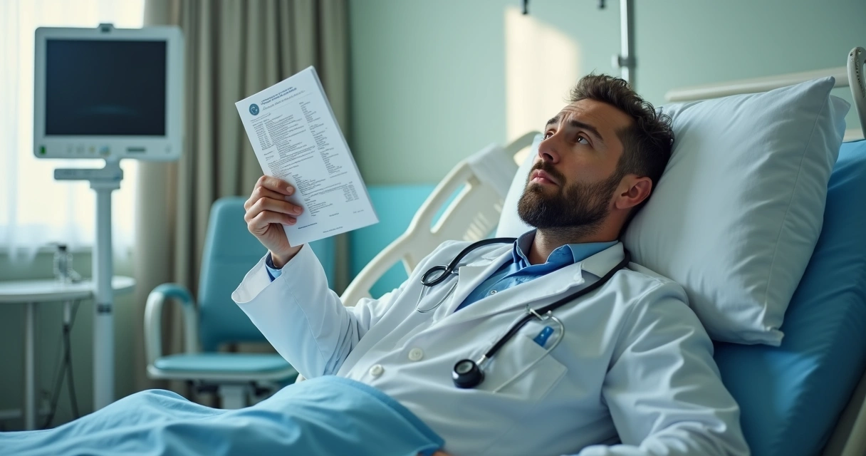 Médico deitado na cama de hospital olhando para exames na mão, transmitindo pausa forçada. 