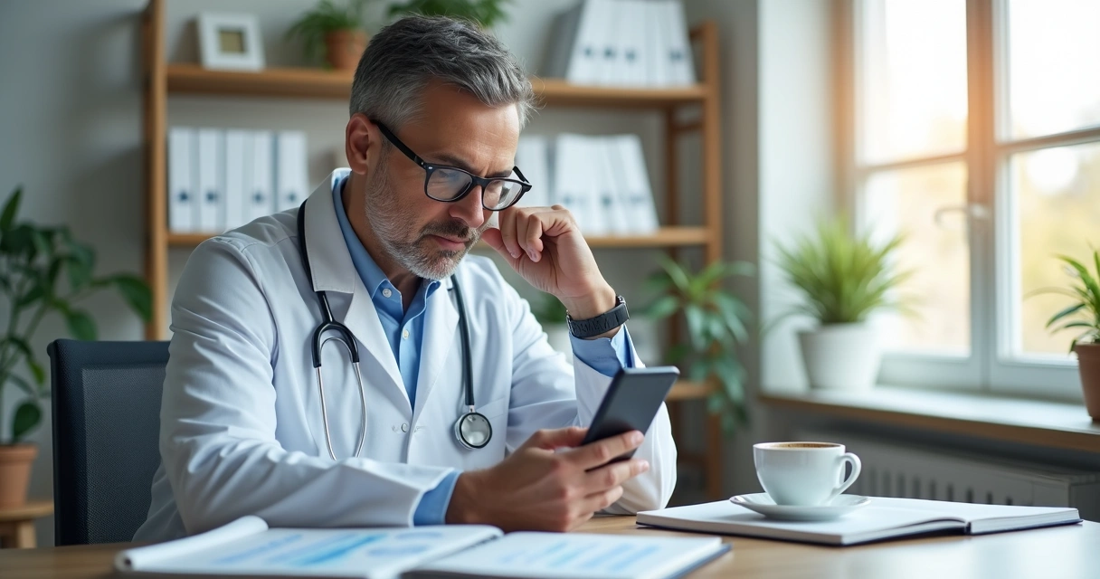 Médico de jaleco analisando investimentos em celular 