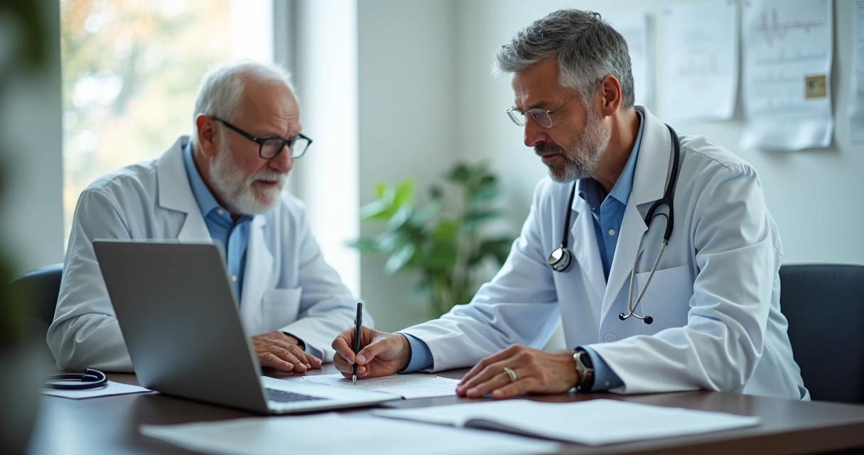 Médico atendendo paciente com exames cardiológicos ao lado. 