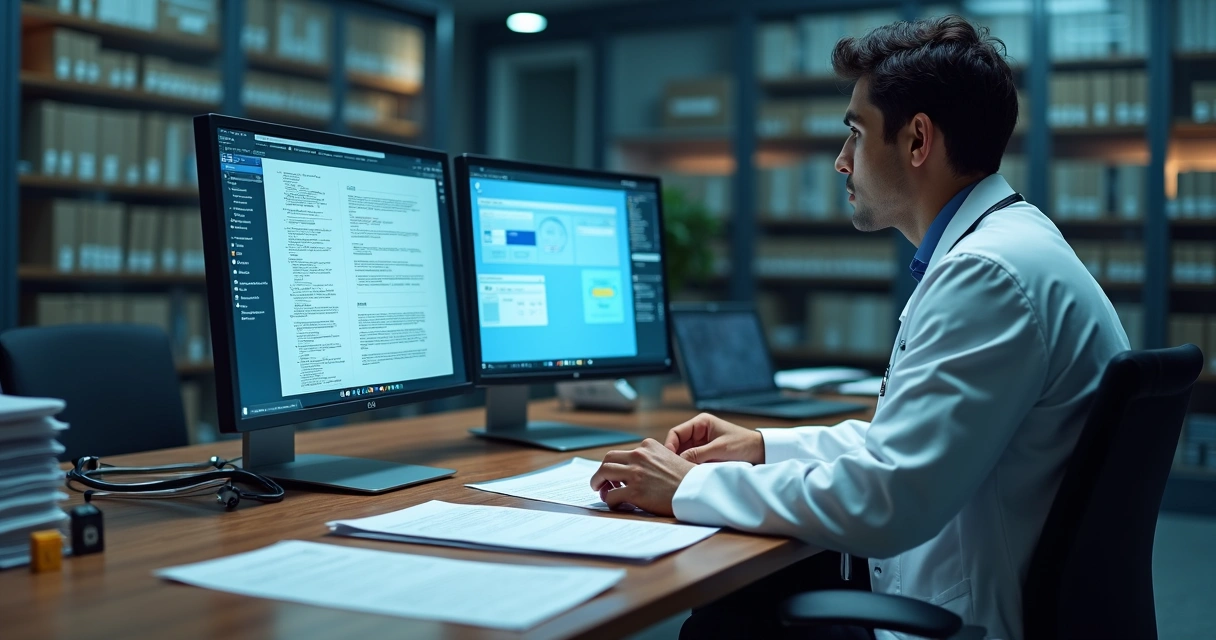 Médico revisando laudo eletrônico em tela com elementos de segurança jurídica 