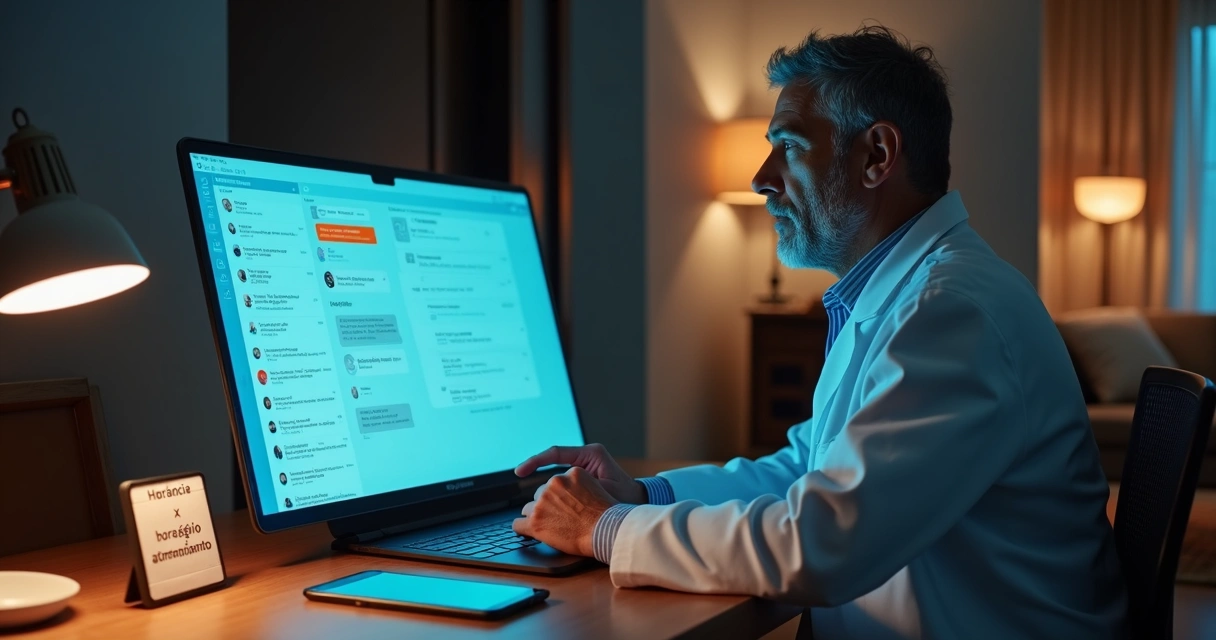 Médico em home office organizando mensagens de pacientes no notebook 