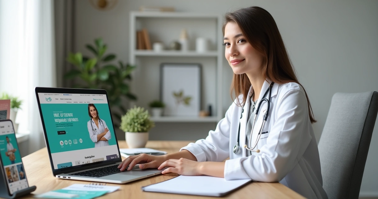 Profissional de saúde em consultório moderno trabalhando sua marca pessoal em notebook e materiais personalizados 