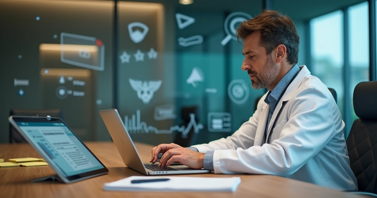 Médico em mesa de reunião avaliando estratégia digital ao lado de código de ética impresso 