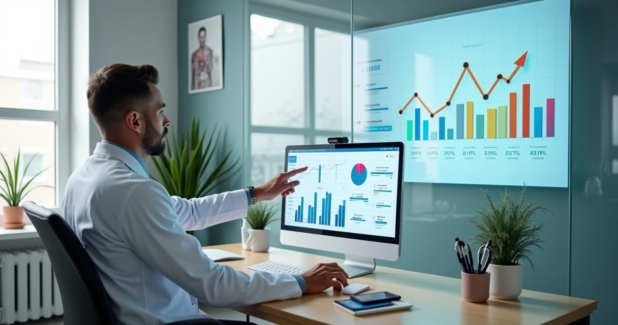 Médico em consultório olhando painel com métricas de marketing digital na parede 