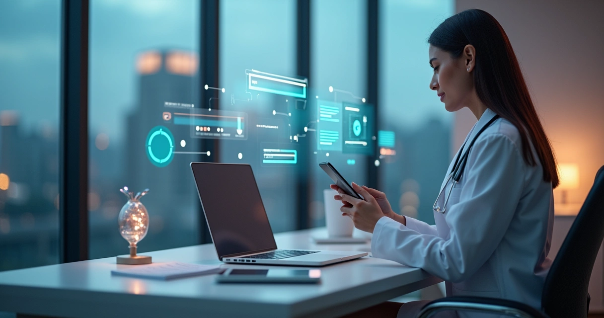 Médica em consultório moderno usando celular ao lado de hologramas de redes sociais e dados digitais 