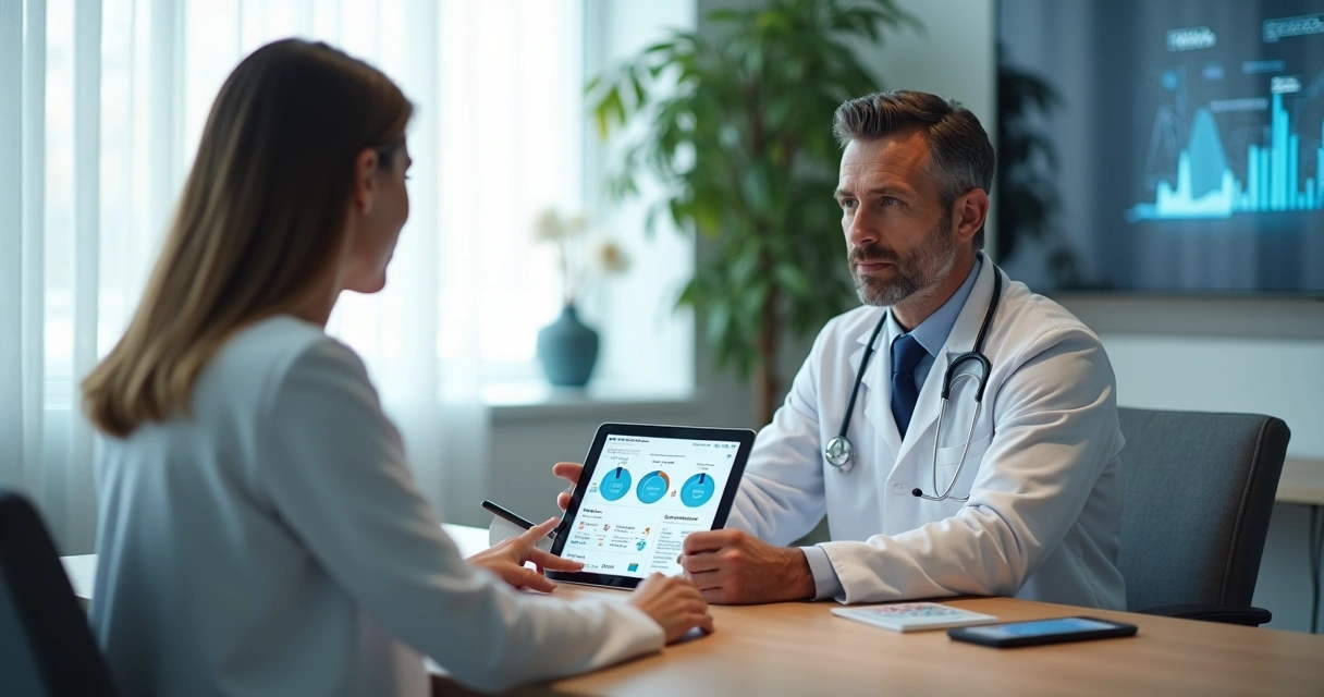 Médico usando tablet com paciente enquanto observa painel de marketing digital 