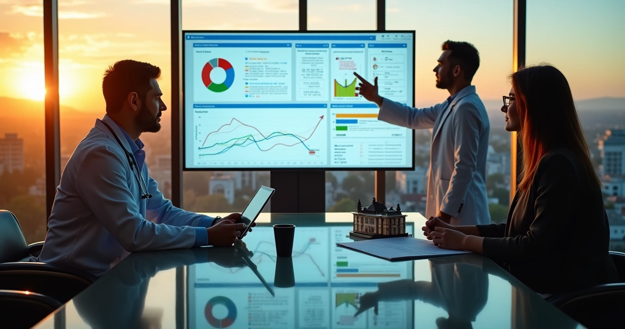 Médico em Tocantins em reunião estratégica de marketing diante de painéis digitais 