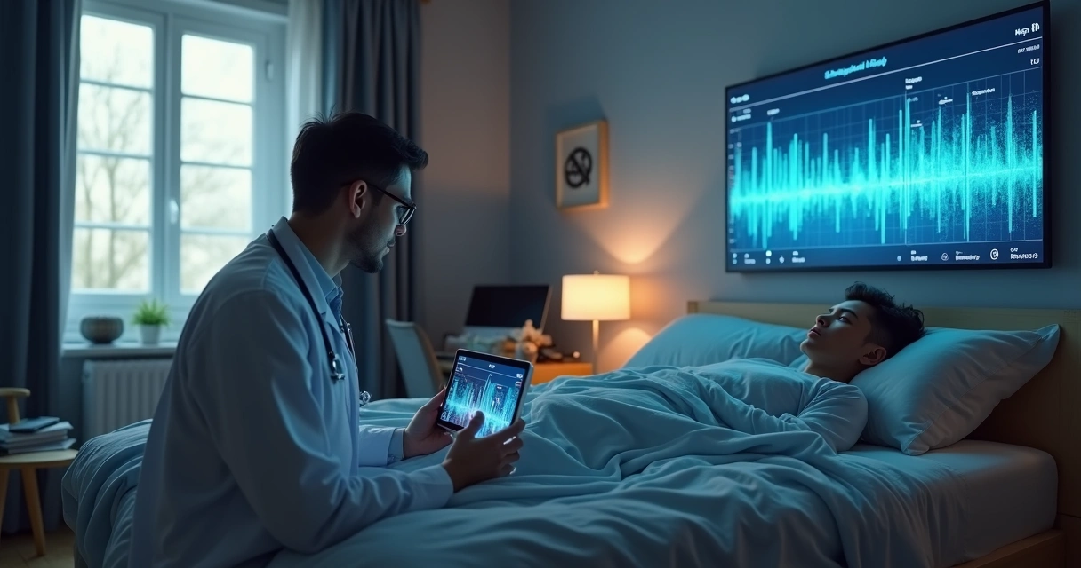 Neurologista avaliando paciente com distúrbios do sono em quarto escuro e aconchegante 