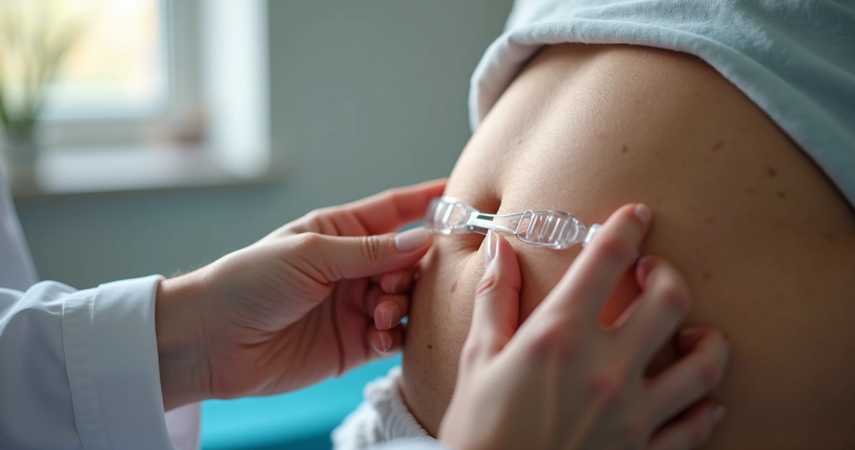 Médico usando orquidômetro para medir volume testicular de paciente em ambiente clínico 