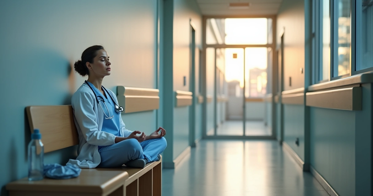 Profissional de saúde meditando sentado em sala de descanso do hospital 