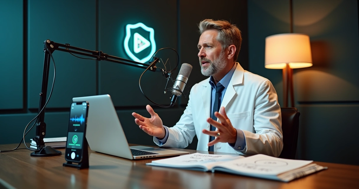 Médico em estúdio de podcast gravando conteúdo profissional 
