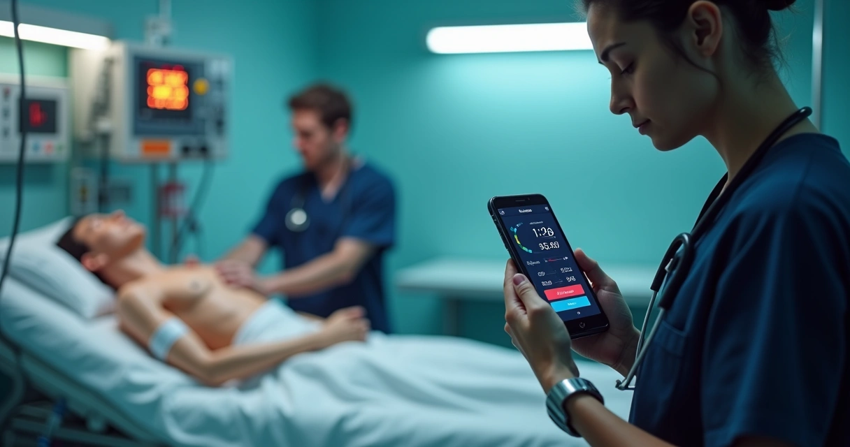 Médico usando smartphone com modo PCR em UTI durante reanimação cardiopulmonar 