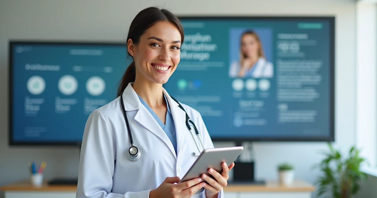 Médica sorridente segurando tablet, perfil profissional em rede social digital 