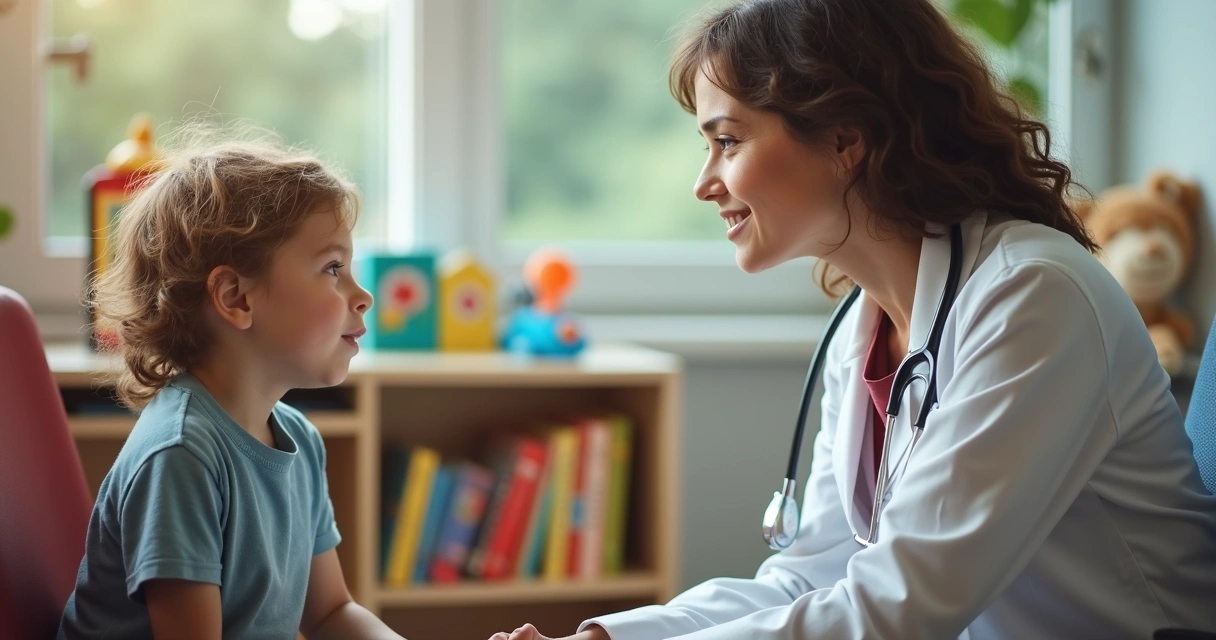 Médica neurologista atende uma criança em consultório com brinquedos ao fundo 