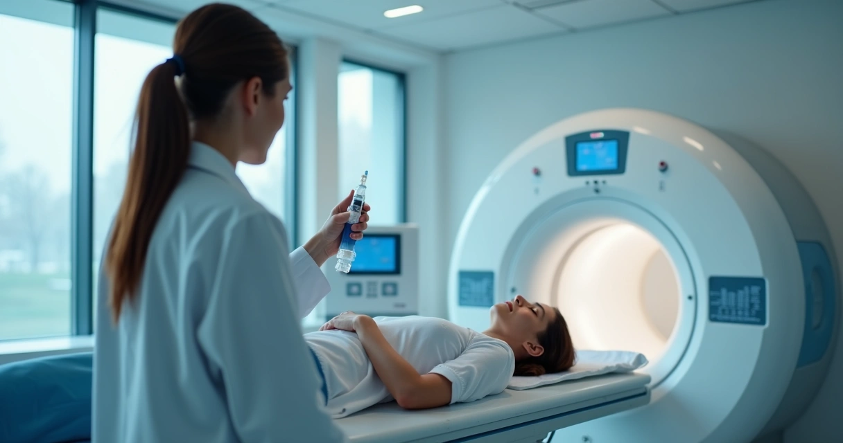 Profissional aplicando radiofármaco em paciente em sala de exame 