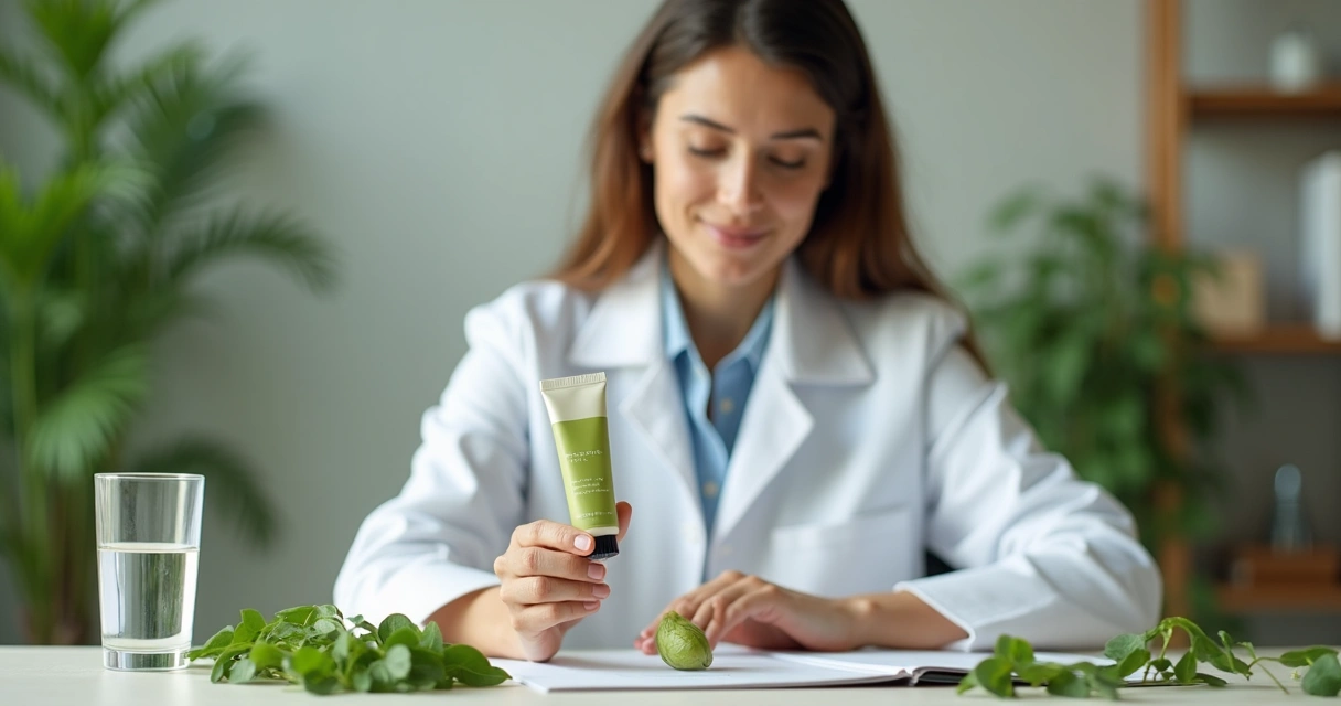 Nutricionista sentado analisando suplemento sobre a mesa com folhas de moringa