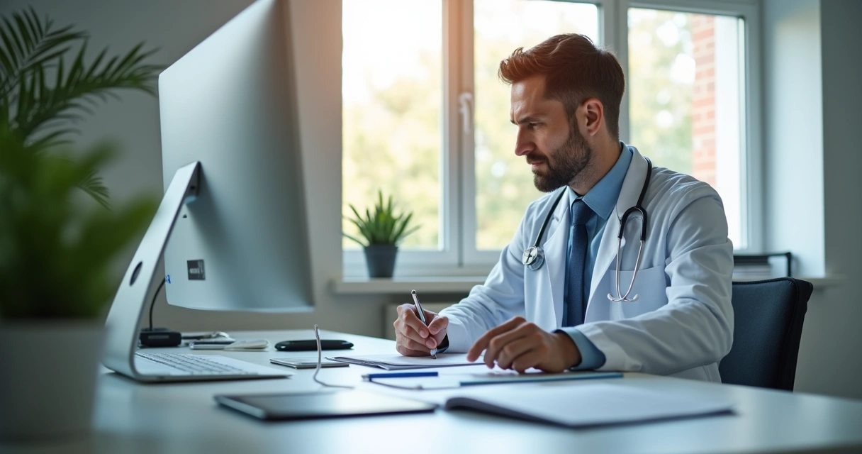 Médico analisa documentos em consultório moderno 
