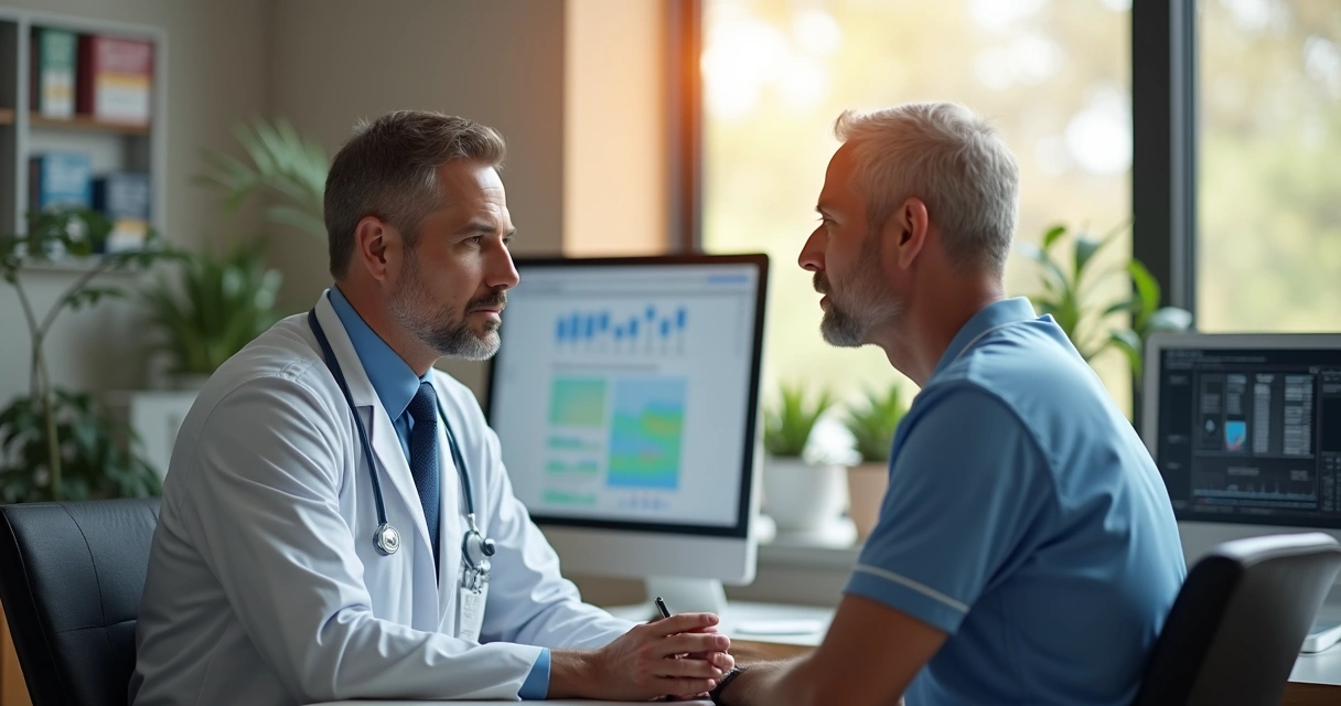 Médico oncologista conversando com paciente em ambiente acolhedor para tratamento de câncer 