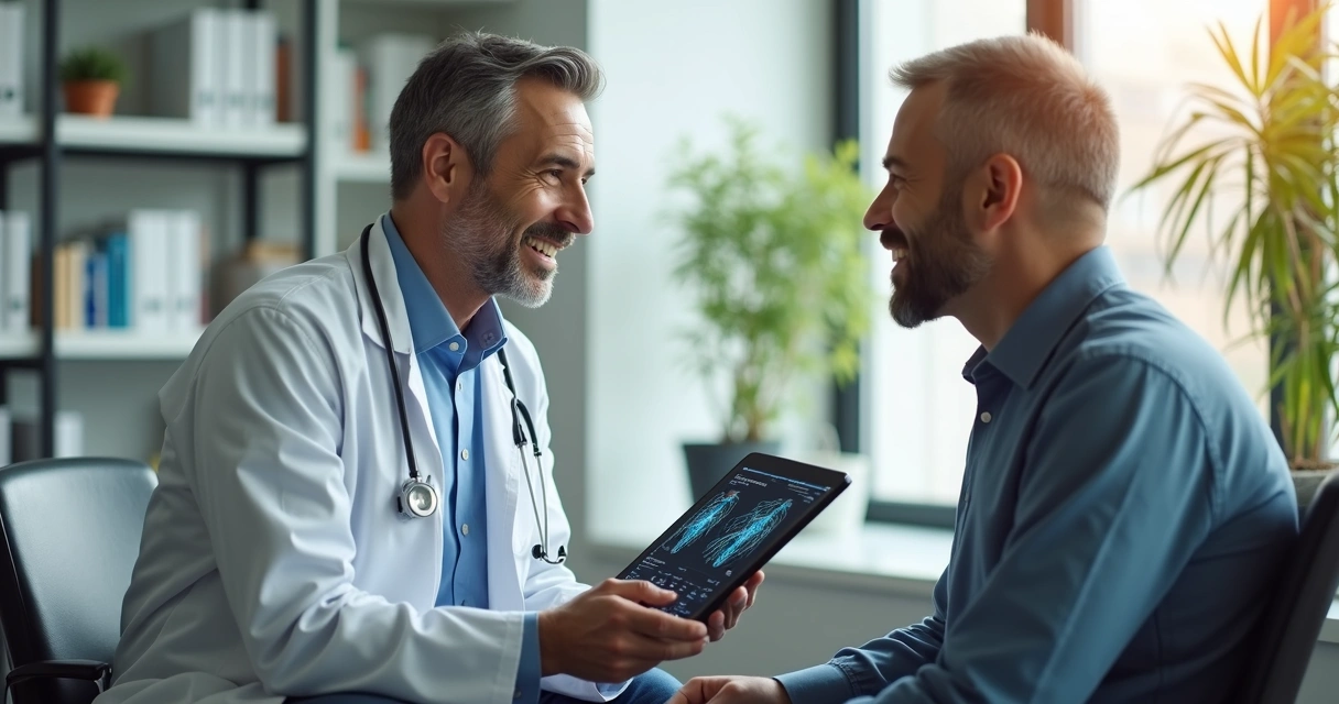 Médico oncologista conversando com paciente em consultório moderno e iluminado 